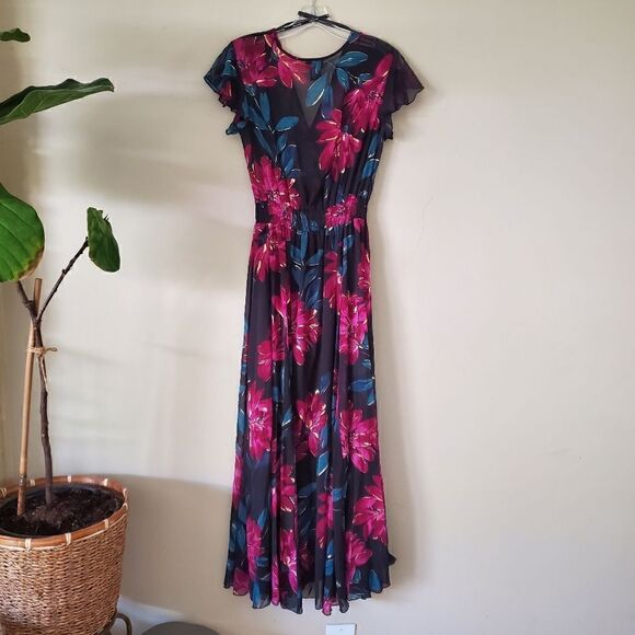 Alexa B Nites Size 6 Black Pink Gold Floral Chiffon Maxi Dress Party Event Date - Picture 7 of 10